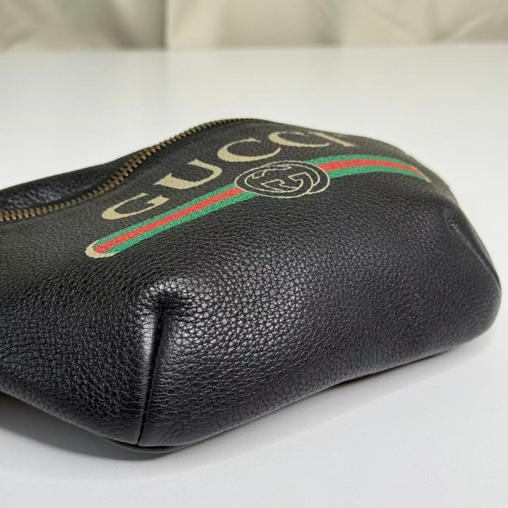 Gucci Black Leather Printed Bum Bag with Green & Red Stripes and Gold Hardware - Picture 6 of 8